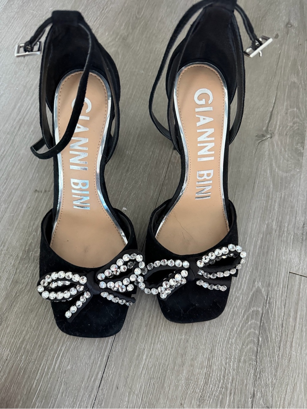 Gianni Bini Black Suede Ankle-Strap Heels with Crystal Bow